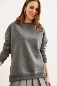 Olalook Women's Anthracite Thick Sweatshirt with Zipper Detail on the Sides and Fleece Inside - Image 4