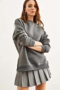 Olalook Women's Anthracite Thick Sweatshirt with Zipper Detail on the Sides and Fleece Inside - Image 5