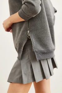 Olalook Women's Anthracite Thick Sweatshirt with Zipper Detail on the Sides and Fleece Inside - Image 6