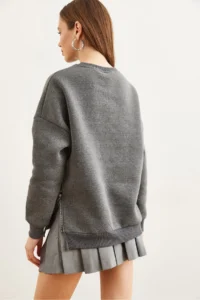 Olalook Women's Anthracite Thick Sweatshirt with Zipper Detail on the Sides and Fleece Inside - Image 7