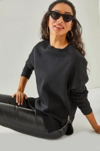 Olalook Women's Black Side Zipper Detailed Thick Fleece Inside Sweatshirt