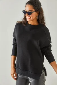 Olalook Women's Black Side Zipper Detailed Thick Fleece Inside Sweatshirt - Image 2