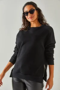 Olalook Women's Black Side Zipper Detailed Thick Fleece Inside Sweatshirt - Image 3