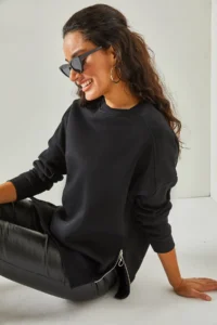 Olalook Women's Black Side Zipper Detailed Thick Fleece Inside Sweatshirt - Image 4
