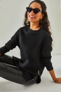Olalook Women's Black Side Zipper Detailed Thick Fleece Inside Sweatshirt - Image 5