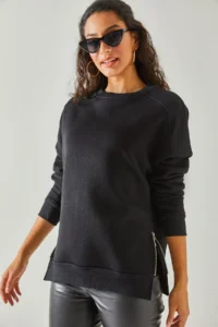 Olalook Women's Black Side Zipper Detailed Thick Fleece Inside Sweatshirt - Image 6