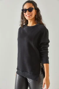 Olalook Women's Black Side Zipper Detailed Thick Fleece Inside Sweatshirt - Image 7