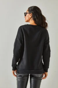 Olalook Women's Black Side Zipper Detailed Thick Fleece Inside Sweatshirt - Image 8
