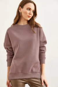Olalook Women's Dusty Rose Side Zipper Detailed Thick Fleece Inside Sweatshirt - Image 2