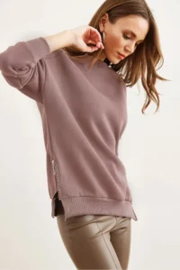 Olalook Women's Dusty Rose Side Zipper Detailed Thick Fleece Inside Sweatshirt - Image 4