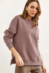 Olalook Women's Dusty Rose Side Zipper Detailed Thick Fleece Inside Sweatshirt - Image 5