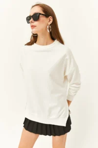 Olalook Women's Ecru Thick Sweatshirt with Side Zipper Detail and Fleece Inside - Image 2