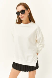 Olalook Women's Ecru Thick Sweatshirt with Side Zipper Detail and Fleece Inside - Image 3