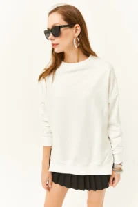 Olalook Women's Ecru Thick Sweatshirt with Side Zipper Detail and Fleece Inside - Image 4