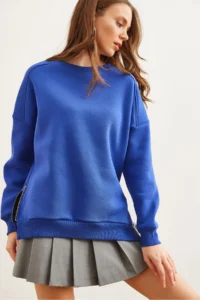 Olalook Women's Saks Blue Thick Sweatshirt with Zipper Detail on the Sides and Fleece Inside
