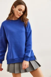 Olalook Women's Saks Blue Thick Sweatshirt with Zipper Detail on the Sides and Fleece Inside - Image 2