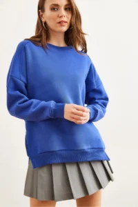 Olalook Women's Saks Blue Thick Sweatshirt with Zipper Detail on the Sides and Fleece Inside - Image 3