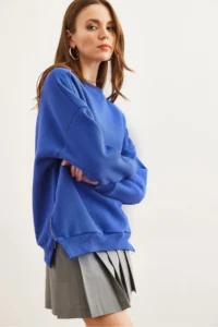 Olalook Women's Saks Blue Thick Sweatshirt with Zipper Detail on the Sides and Fleece Inside - Image 4