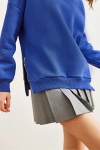 Olalook Women's Saks Blue Thick Sweatshirt with Zipper Detail on the Sides and Fleece Inside - Image 5