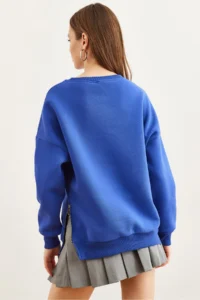 Olalook Women's Saks Blue Thick Sweatshirt with Zipper Detail on the Sides and Fleece Inside - Image 6