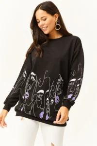 Olalook Women's Black Face Figured Oversize Sweatshirt