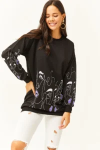Olalook Women's Black Face Figured Oversize Sweatshirt - Image 3