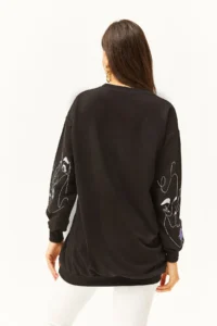 Olalook Women's Black Face Figured Oversize Sweatshirt - Image 4