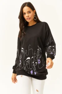 Olalook Women's Black Face Figured Oversize Sweatshirt - Image 6