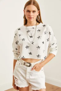 Olalook Women's Leaf White Printed Crop Thin Sweatshirt - Image 2