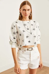 Olalook Women's Leaf White Printed Crop Thin Sweatshirt - Image 3