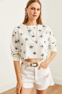 Olalook Women's Leaf White Printed Crop Thin Sweatshirt - Image 4