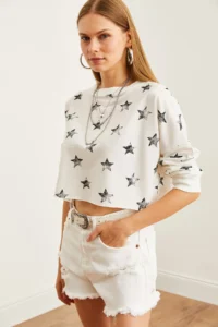 Olalook Women's Leaf White Printed Crop Thin Sweatshirt - Image 5