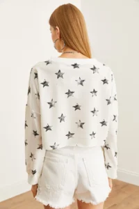 Olalook Women's Leaf White Printed Crop Thin Sweatshirt - Image 6