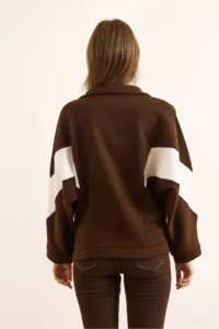 Olalook Women's Bitter Brown Zippered Rose Gold Oversize Blocked Sweatshirt - Image 2