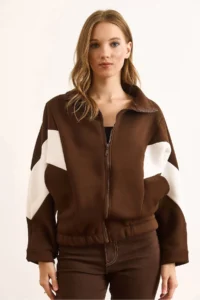 Olalook Women's Bitter Brown Zippered Rose Gold Oversize Blocked Sweatshirt - Image 3