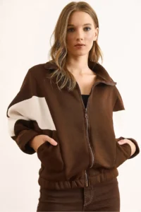 Olalook Women's Bitter Brown Zippered Rose Gold Oversize Blocked Sweatshirt - Image 5