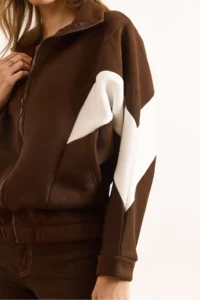 Olalook Women's Bitter Brown Zippered Rose Gold Oversize Blocked Sweatshirt - Image 6