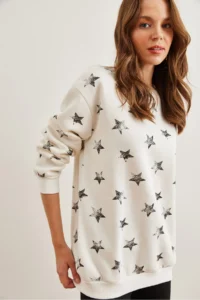 Olalook Women's Ecru Black Star Printed Oversize Rose Gold Sweatshirt - Image 2