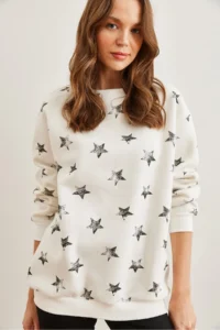 Olalook Women's Ecru Black Star Printed Oversize Rose Gold Sweatshirt - Image 3