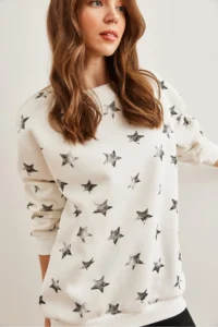 Olalook Women's Ecru Black Star Printed Oversize Rose Gold Sweatshirt - Image 4