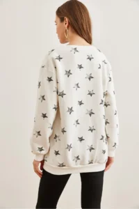 Olalook Women's Ecru Black Star Printed Oversize Rose Gold Sweatshirt - Image 5