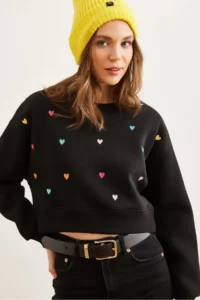 Olalook Women's Black Heart Embroidered Rose Crop Thick Sweatshirt - Image 2