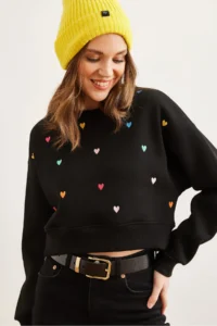 Olalook Women's Black Heart Embroidered Rose Crop Thick Sweatshirt - Image 3