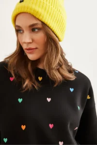Olalook Women's Black Heart Embroidered Rose Crop Thick Sweatshirt - Image 4