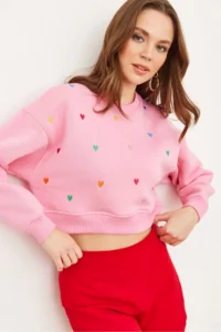 Olalook Women's Candy Pink Heart Embroidered Rose Crop Thick Sweatshirt - Image 2