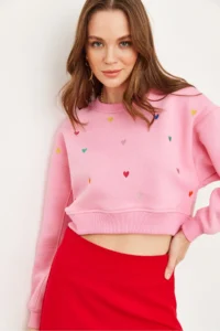 Olalook Women's Candy Pink Heart Embroidered Rose Crop Thick Sweatshirt - Image 3