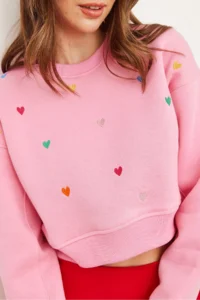 Olalook Women's Candy Pink Heart Embroidered Rose Crop Thick Sweatshirt - Image 4