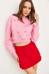 Olalook Women's Candy Pink Heart Embroidered Rose Crop Thick Sweatshirt - Image 5