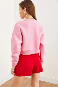 Olalook Women's Candy Pink Heart Embroidered Rose Crop Thick Sweatshirt - Image 6