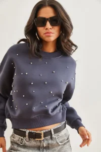 Olalook Women's Anthracite Pearl Detailed Rose Crop Thick Sweatshirt